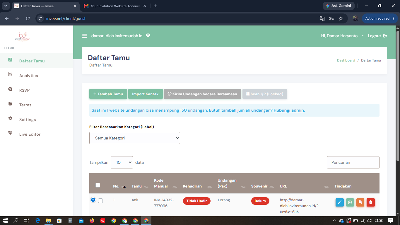 Tampilan dashboard desktop aplikasi Invitemudah