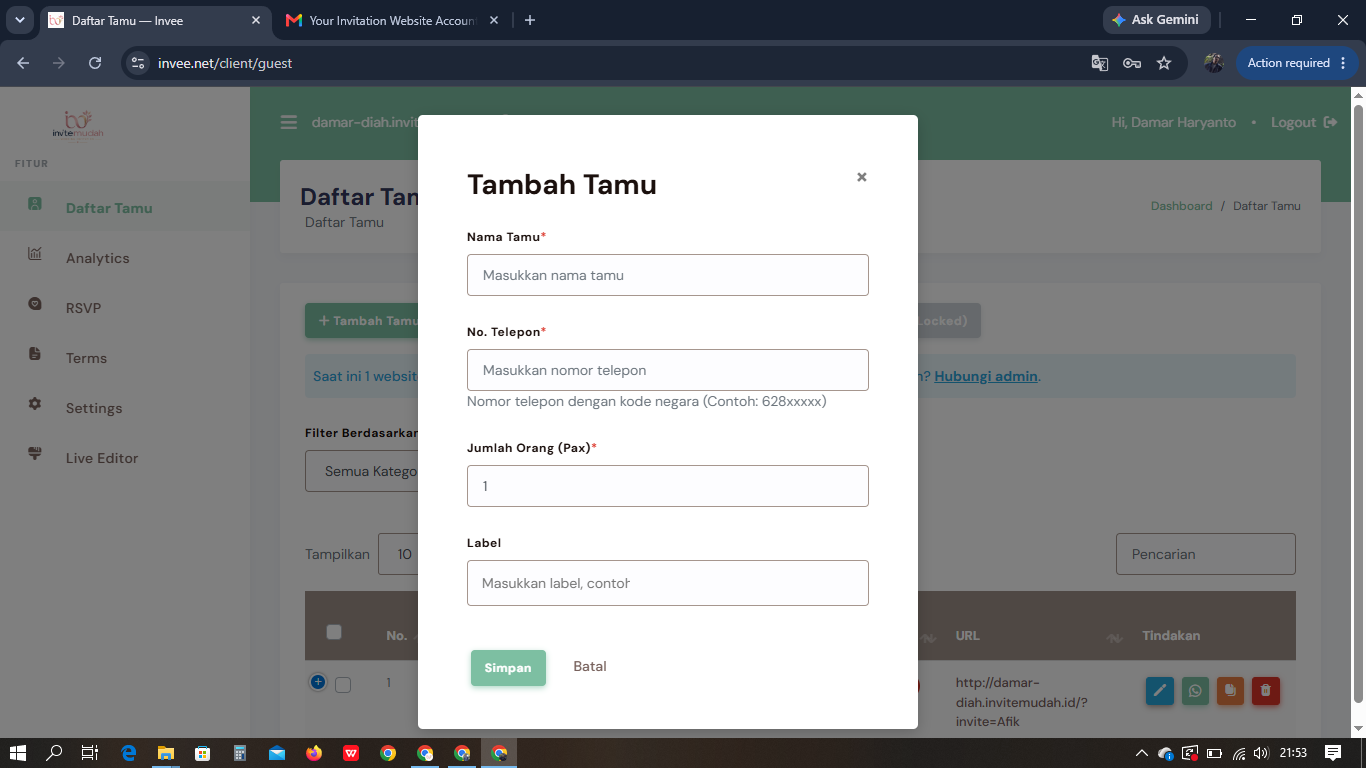 Tampilan menu aplikasi Invitemudah