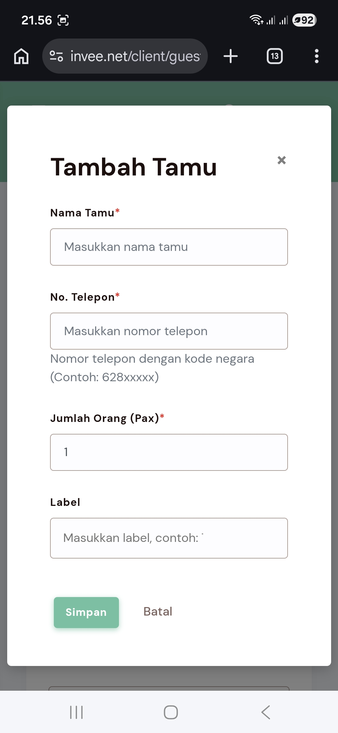 Tampilan pengelolaan RSVP pada ponsel